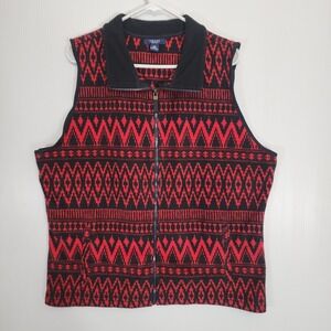 Chaps Vest Womens Size 2X Red Native Aztec Southwestern Pockets Full Zip Fleece